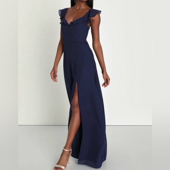 Lulus Sweetest Entrance Navy Blue Ruffled Tie-Back Maxi Dress Small NWT - Picture 2 of 11